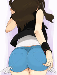 Rule 34 | 10s, 1girl, agemono, armband, ass, brown hair, creatures (company), denim, denim shorts, from behind, game freak, hairband, head out of frame, hilda (pokemon), long hair, nintendo, pokemon, pokemon bw, ponytail, purple background, shorts, simple background, sleeveless, solo, standing, sweatband, very long hair, vest