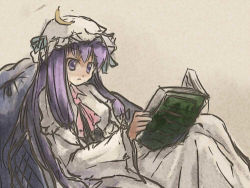 Rule 34 | 1girl, book, female focus, lowres, open book, patchouli knowledge, purple eyes, purple hair, reading, ryuushou, sitting, solo, touhou