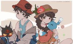 Rule 34 | 1boy, 1girl, :&lt;, :3, ^ ^, bare shoulders, beige background, blush, braid, brown eyes, brown hair, brown hat, brown jacket, bucket hat, cat, closed eyes, closed mouth, collarbone, colored sclera, commentary, copyright name, creatures (company), earrings, elio (pokemon), flower, fringe trim, game freak, gen 7 pokemon, hat, hat flower, hibiscus, hug, jacket, jewelry, kawacy, litten, long hair, long sleeves, looking at viewer, looking to the side, necklace, nintendo, off shoulder, open clothes, open jacket, parted lips, pendant, poke ball print, pokemon, pokemon (creature), pokemon usum, popplio, red eyes, red hat, selene (pokemon), selene (pokemon usum), shawl, single braid, sitting, stud earrings, sun hat, tank top, tareme, triangle mouth, twin braids, two-tone background, unfinished, yellow sclera, you (pokemon usum)