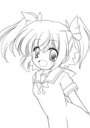 Rule 34 | 10s, 1girl, greyscale, kaitou tenshi twin angel, looking at viewer, minazuki haruka (twin angel), monochrome, open mouth, simple background, smile, solo, sou ryuu, twin angel, white background