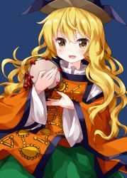 Rule 34 | 1girl, black hat, blonde hair, blue background, brown eyes, constellation, constellation print, cowboy shot, drum, green skirt, hat, highres, holding, holding instrument, instrument, long hair, long sleeves, looking at viewer, matara okina, open mouth, ruu (tksymkw), simple background, skirt, smile, solo, standing, tabard, touhou, tsuzumi, v-shaped eyebrows, wavy hair, wide sleeves
