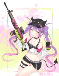 Rule 34 | 1girl, assault rifle, breasts, chicami, cleavage, collarbone, demon tail, green eyes, gun, hair between eyes, hair ornament, hairclip, hat, highres, hololive, howa type 89, long hair, looking at viewer, magazine (weapon), nail polish, purple hair, rifle, shorts, solo, tail, tokoyami towa, trigger discipline, twintails, virtual youtuber, weapon