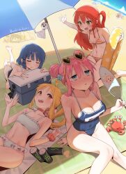 Rule 34 | 4girls, arched back, bare shoulders, beach mat, beach umbrella, bikini, blonde hair, blue eyes, blue hair, blue one-piece swimsuit, blunt bangs, bocchi the rock!, brand name imitation, breasts, can, chen yang yang, choker, cleavage, collarbone, commentary, cooler, copyright name, covered navel, crab, cube hair ornament, day, double bun, english commentary, fanning self, frilled bikini, frills, gotoh hitori, groin, hair between eyes, hair bun, hair ornament, hands up, heart, heart-shaped eyewear, heart-shaped pupils, highres, holding, holding swim ring, horizon, ijichi nijika, innertube, kita ikuyo, kneeling, knees together feet apart, looking at breasts, looking up, lying, mole, mole under eye, monster energy, motion lines, multiple girls, name tag, navel, new school swimsuit, ocean, on back, one-piece swimsuit, open mouth, outdoors, outstretched arm, pink hair, polka dot innertube, raised eyebrows, red hair, sand sculpture, school swimsuit, scrunchie, side ponytail, sitting, small breasts, smile, spill, striped bikini, striped clothes, sunglasses, sweat, swim ring, swimsuit, symbol-shaped pupils, thighs, tongue, tongue out, umbrella, water, wrist scrunchie, yamada ryo, yellow-framed eyewear