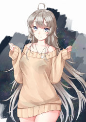 Rule 34 | 1girl, ahoge, bare shoulders, beige sweater, blush, breasts, closed mouth, commentary request, cowboy shot, dress, grey eyes, jewelry, kantai collection, long hair, long sleeves, looking at viewer, mayura (lucadia), necklace, off-shoulder dress, off-shoulder sweater, off shoulder, official alternate costume, pendant, sleeves past wrists, smile, solo, standing, star (symbol), starry background, sweater, sweater dress, very long hair, washington (kancolle)