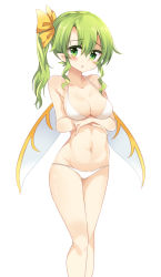 Rule 34 | 1girl, bikini, blush, bow, breast hold, breasts, cleavage, daiyousei, fairy wings, green hair, hair bow, highres, long hair, looking at viewer, maturiuta sorato, navel, open mouth, side ponytail, simple background, solo, swimsuit, touhou, white background, white bikini, wings