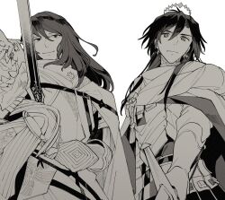 Rule 34 | 2boys, aiming, aiming at viewer, armor, cape, cloak, constantine xi (fate), cowboy shot, curtained hair, earrings, fate/grand order, fate (series), faulds, gauntlets, georgios (fate), gloves, greyscale, hair between eyes, halo, holding, holding sword, holding weapon, jewelry, kitada, long hair, looking at viewer, male focus, monochrome, multiple boys, pauldrons, shoulder armor, simple background, single pauldron, smile, sword, sword in front of face, tassel, weapon, white background