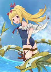 Rule 34 | 1girl, :d, ass, blonde hair, blue one-piece swimsuit, blue sky, blush, cagliostro (granblue fantasy), cagliostro (summer) (granblue fantasy), cloud, commentary request, day, eyewear on head, glint, granblue fantasy, hair ornament, heart, heart-shaped eyewear, high ponytail, horizon, long hair, looking at viewer, looking to the side, ocean, one-piece swimsuit, open mouth, outdoors, ponytail, purple eyes, red-tinted eyewear, sidelocks, sky, smile, solo, sunglasses, sunglasses on head, swimsuit, tinted eyewear, uneg, water, white-framed eyewear