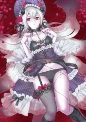 Rule 34 | 1girl, afloat, breasts, character request, corset, demon horns, fishnet thighhighs, fishnets, garter straps, ginko (nico), gradient background, horns, long hair, lord of vermilion, mole, mole under eye, red eyes, silver hair, single thighhigh, solo, thighhighs