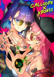 Rule 34 | 2girls, absurdres, baseball cap, black tank top, blue eyes, blue hair, bow, bow earrings, chain, earrings, glasses, hair ornament, hat, head chain, highres, hololive, hololive english, iris (tb33064667), jewelry, looking over eyewear, looking over glasses, mori calliope, multiple girls, nail polish, necklace, ouro kronii, paint, pink hair, red-tinted eyewear, red-tinted glasses, red eyes, ring, smile, sunglasses, tank top, tattoo, tinted eyewear, tongue, tongue out, virtual youtuber, white tank top, yellow-tinted eyewear, yellow-tinted glasses