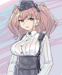 Rule 34 | 1girl, atlanta (kancolle), black skirt, bra, bra visible through clothes, breasts, brown hair, earrings, garrison cap, grey eyes, hat, high-waist skirt, highres, jewelry, kantai collection, large breasts, long sleeves, looking to the side, mizoki kei, see-through, shirt, skirt, solo, star (symbol), star earrings, suspender skirt, suspenders, two side up, underwear, upper body, white shirt