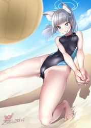 Rule 34 | 1girl, animal ear fluff, animal ears, artist name, ball, bare legs, beach, beach volleyball, blue archive, blue eyes, bosshi, cameltoe, competition swimsuit, covered erect nipples, covered navel, cross hair ornament, extra ears, feet, foreshortening, grey hair, hair ornament, halo, highleg, highleg swimsuit, highres, legs, mismatched pupils, multicolored clothes, multicolored swimsuit, official alternate costume, one-piece swimsuit, own hands together, ponytail, shiroko (blue archive), shiroko (swimsuit) (blue archive), swimsuit, thighs, two-tone swimsuit, volleyball, volleyball (object)