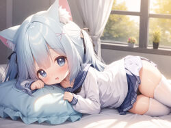 Rule 34 | 1girl, :o, animal ears, artist request, bed, blue eyes, blush, cat ears, cat girl, character request, copyright request, grey hair, indoors, lying, pillow, solo, tagme, thighhighs, thighs, white hair