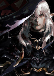 Rule 34 | 1boy, armor, black background, black eyes, blood, blood in hair, blood on armor, blood on face, breastplate, chinese commentary, commentary request, crack, dragoon (final fantasy), elezen, elf, estinien varlineau, final fantasy, final fantasy xiv, hair between eyes, looking at viewer, male focus, medium hair, pauldrons, pointy ears, realistic, serious, shield, shoulder armor, solo, straight-on, upper body, white hair, whiteyoo