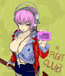 Rule 34 | 1girl, bad id, bad pixiv id, between breasts, blood, blood on face, breasts, cleavage, crossover, english text, engrish text, fight club, guitar, headphones, instrument, kusama no aniki, large breasts, long hair, looking at viewer, navel, nitroplus, open clothes, pink hair, ranguage, red eyes, shirt, smile, soap, solo, super sonico