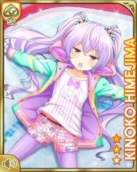 Rule 34 | 1girl, :o, bed, bedroom, blue jacket, brown eyes, card (medium), character name, day, food-themed hair ornament, girlfriend (kari), hair ornament, himejima kinoko, indoors, jacket, leggings, long hair, lying, official art, on back, on bed, open mouth, pink shorts, purple hair, qp:flapper, shirt, shoes, shorts, sparkle, striped clothes, striped shirt, twintails, very long hair, white shirt, yellow legwear
