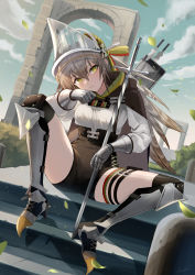 Rule 34 | 1girl, absurdres, arknights, beruko14, black cape, cape, fartooth (arknights), feather hair, gauntlets, grey hair, high-waist shorts, highres, pouch, quiver, shorts, sitting, thigh pouch, thighs, visor (armor), yellow eyes