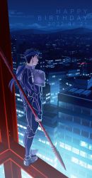 Rule 34 | 1boy, armor, back turned, blue hair, cityscape, construction site, cu chulainn (fate), cu chulainn (fate/stay night), earrings, fate/stay night, fate (series), gae bolg (fate), happy birthday, highres, holding, jewelry, long hair, looking afar, male focus, nora (nora f96), polearm, ponytail, red eyes, smile, solo, spear, weapon
