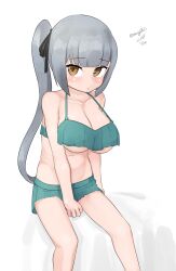 Rule 34 | 1girl, absurdres, alternate breast size, bikini, bikini skirt, breasts, brown eyes, cleavage, green bikini, grey hair, hair ribbon, highres, kantai collection, kasumi (kancolle), large breasts, long hair, maru (marg0613), official alternate costume, one-hour drawing challenge, ribbon, side ponytail, simple background, sitting, solo, swimsuit, white background