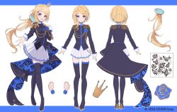 Rule 34 | aki rosenthal, asymmetrical hair, asymmetrical sidelocks, blonde hair, blue jacket, blue nails, blue thighhighs, boots, character sheet, commentary request, crown, detached hair, epaulettes, frilled skirt, frills, full body, hair ornament, haruwo, high heels, highres, hololive, jacket, long hair, military jacket, official art, parted bangs, purple eyes, skirt, standing, thigh boots, thighhighs, virtual youtuber, white skirt