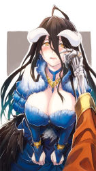 Rule 34 | 1girl, ahoge, ainz ooal gown, albedo (overlord), alternate costume, black feathers, black hair, black wings, blue dress, blush, breasts, bridal gauntlets, choker, cleavage, commentary request, crying, crying with eyes open, demon girl, demon horns, demon wings, detached collar, dress, feathered wings, feathers, hair between eyes, highres, horns, jewelry, large breasts, long hair, low wings, necklace, open mouth, overlord (maruyama), ring, skeleton, slit pupils, solo, tears, user xgpy8228, very long hair, wings, yellow eyes