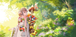 Rule 34 | 1girl, absurdres, apron, artist name, bell, blunt bangs, bouquet, brown hair, bubble, fish, flower, forest, highres, jingle bell, nature, original, outdoors, procreate (medium), short hair, standing, wide sleeves, zhen caozi