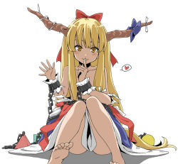 Rule 34 | 1girl, bad id, bad pixiv id, barefoot, blonde hair, blush, bow, feet, finger to mouth, hair bow, heart, horn bow, horn ornament, horns, ibuki suika, long hair, looking at viewer, low-tied long hair, maskman, off shoulder, simple background, sitting, smile, solo, spoken heart, topless, touhou, very long hair, white background, yellow eyes