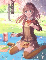 Rule 34 | 1girl, aqua eyes, artist name, blouse, blush, brown cardigan, brown hair, brown skirt, brown thighhighs, buttons, cardigan, cherry blossoms, chopsticks, commission, food, hair between eyes, highres, holding, holding chopsticks, kantai collection, kumano (kancolle), kumano kai ni (kancolle), long hair, long sleeves, medara, neck ribbon, open mouth, petals, pleated skirt, ponytail, red ribbon, ribbon, round teeth, sandwich, school uniform, shirt, signature, sitting, skeb commission, skirt, smile, solo, teeth, thighhighs, tree, upper teeth only, wariza, white shirt