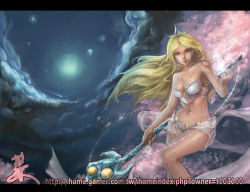 Rule 34 | 1girl, bikini, blonde hair, breasts, bustier, cherry blossoms, cleavage, cloud, foliage, janna (league of legends), league of legends, letterboxed, long hair, magic, navel, petals, ribbon, shiny skin, solo, staff, swimsuit, tiara