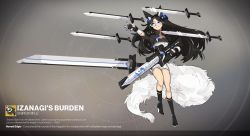 Rule 34 | 1girl, absurdres, animal ears, arm up, black hair, blue eyes, boots, character name, destiny (game), english text, female focus, floating, floating object, fox ears, fox tail, frown, full body, gun, high heels, highres, holding, holding gun, holding weapon, izanagi&#039;s burden (destiny), leg up, long hair, personification, rifle, semi-rimless eyewear, shorts, shuuko (s h uuko), simple background, sniper rifle, solo, sword, tail, under-rim eyewear, weapon, wedge heels, white-framed eyewear, white shorts