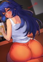 Rule 34 | 1girl, alternate costume, ass, bar (place), beer mug, blue eyes, blue hair, brown pantyhose, closed mouth, commission, cowboy shot, cup, dutch angle, eyelashes, fire emblem, fire emblem awakening, from behind, hair between eyes, highres, holding, hooters, indoors, long hair, looking at viewer, looking back, lucina (fire emblem), mug, nintendo, orange shorts, pantyhose, r123, short shorts, shorts, sidelocks, sitting, skeb commission, sleeveless, smile, tank top, thighs, tiara, waitress, white tank top