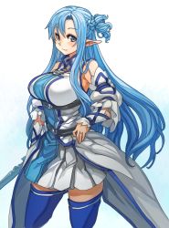 Rule 34 | 10s, 1girl, asuna (sao), asuna (sao-alo), blue eyes, blue hair, blue thighhighs, breasts, large breasts, long hair, looking at viewer, matching hair/eyes, perky breasts, pointy ears, sachito, simple background, smile, solo, sword art online, thighhighs, thighs, very long hair, white background