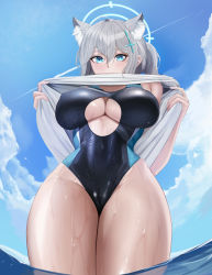 Rule 34 | 1girl, absurdres, animal ear fluff, animal ears, black one-piece swimsuit, blue archive, blue eyes, blue one-piece swimsuit, blue sky, blush, breasts, cleavage, clothes lift, commentary, competition swimsuit, covered navel, cross, cross hair ornament, english commentary, extra ears, feet out of frame, from below, gcg, grey hair, hair between eyes, hair ornament, hairclip, halo, highres, inverted cross, large breasts, long hair, looking at viewer, mismatched pupils, multicolored clothes, multicolored swimsuit, ocean, official alternate costume, on water, one-piece swimsuit, shiroko (blue archive), shiroko (swimsuit) (blue archive), shirt, shirt lift, skin tight, sky, solo, standing, summer, swimsuit, swimsuit under clothes, thighs, underboob, water, wet, wet clothes, wet swimsuit, white shirt, wolf ears