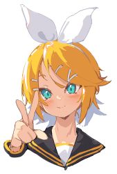 Rule 34 | 1girl, absurdres, bad id, bad twitter id, black sailor collar, blue eyes, blush, bow, bright pupils, closed mouth, cropped torso, flipped hair, hair bow, hair ornament, hairclip, highres, kagamine rin, long sleeves, looking at viewer, medium hair, rasusurasu, sailor collar, simple background, smile, solo, swept bangs, upper body, v, vocaloid, white background, white bow