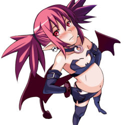Rule 34 | 1girl, blush, demon girl, disgaea, etna (disgaea), flat chest, jishimaru, nippon ichi, pointy ears, pregnant, red eyes, red hair, simple background, solo, third-party edit, twintails