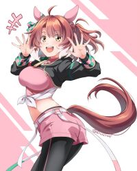 Rule 34 | +++, 1girl, :d, animal ears, belt, black pantyhose, breasts, brown hair, clothing cutout, dantsu flame (umamusume), ear covers, from side, highres, horse ears, horse girl, horse tail, large breasts, looking at viewer, looking to the side, medium hair, midriff, multicolored hair, open mouth, pantyhose, pink shorts, ponytail, shirt, shorts, sinosinof, smile, solo, tail, tail through clothes, tied shirt, twitter username, two-tone hair, umamusume, white belt, white hair, yellow eyes