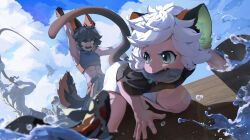 Rule 34 | 5boys, aak (arknights), abs, absurdres, animal ears, arknights, arm up, black hair, black shirt, blue sky, bucket, cat boy, cat ears, cat tail, character request, cloud, cloudy sky, furry, furry male, grey eyes, highres, hung (arknights), luo xiaohei, male focus, midriff, mouth hold, multiple boys, sharp teeth, shirt, short hair, short sleeves, shorts, sky, splashing, tail, teeth, luo xiaohei zhanji, topless male, water, white hair, white shorts, zuo cecil