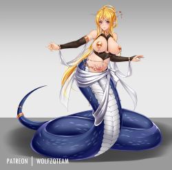 Rule 34 | 1girl, ahoge, blonde hair, breasts, bridal gauntlets, choker, dancer, full body, gold, heart, heart tattoo, highres, jewelry, lamia, large breasts, long hair, looking at viewer, midnight (banyex), midriff, monster girl, navel, original, pointy ears, pubic tattoo, purple eyes, scales, see-through, simple background, solo, tattoo, very long hair