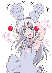 Rule 34 | 10s, 1girl, absurdres, antennae, aqua eyes, arm warmers, armpits, arms up, commentary request, dress, facial mark, gloves, highres, long hair, oversized clothes, piyo (p i y o), silver hair, teekyuu, tomarin, twitter username