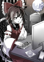 Rule 34 | 1girl, bow, brown hair, cd, chair, computer, detached sleeves, drawer, e.o., female focus, frilled bow, frills, globe, hair bow, hair tubes, hakurei reimu, hand rest, highres, indoors, keyboard (computer), monitor, muted color, open mouth, partially colored, red bow, ribbon-trimmed sleeves, ribbon trim, shelf, sidelocks, sitting, solo, table, touhou, typing, wide sleeves
