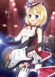 Rule 34 | 1girl, alternate costume, asymmetrical legwear, bare arms, black gloves, blonde hair, blue background, blue eyes, blush, bow, cafe maid (love live!), cosplay, cowboy shot, dress, electric guitar, eyebrows, fang, fender stratocaster, frills, glint, gloves, guitar, hat, holding, idol, instrument, jacknavy, legs together, lens flare, looking at viewer, love live!, love live! school idol festival, love live! school idol project, mini hat, mismatched legwear, multicolored background, music, open mouth, playing instrument, red background, red bow, red ribbon, ribbon, short hair, sleeveless, solo, stage lights, standing, teeth, thighhighs, warship girls r, z16 friedrich eckoldt (warship girls r)