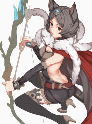 Rule 34 | 10s, 1girl, animal ears, arrow (projectile), ass, back, back cutout, backless outfit, bad id, bad pixiv id, black eyes, black thighhighs, bow (weapon), breasts, brown hair, butt crack, cape, cleavage, clothing cutout, detached sleeves, erune, fox, granblue fantasy, high heels, highres, kyuuso inukami, medium breasts, mole, mole under mouth, quiver, short hair, simple background, solo, stella (granblue fantasy), sutera (granblue fantasy), thighhighs, weapon, white background