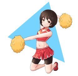 Rule 34 | 1girl, absurdres, alternate costume, bike shorts, black hair, black shorts, brown eyes, cheerleader, crop top, highres, kantai collection, kibitarou, kneeling, looking at viewer, maru-yu (kancolle), midriff, navel, parted bangs, pleated skirt, pom pom (cheerleading), red shorts, red skirt, short hair, shorts, shorts under skirt, simple background, skirt, smile, solo, thick eyebrows, triangle, white background