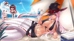 Rule 34 | 3girls, animal ear headphones, arm support, axent wear, beach, beach umbrella, bikini, black bikini, black hair, breasts, cat ear headphones, choker, closed eyes, cooler, cup, day, drinking glass, fake animal ears, food, glass, gradient hair, hair between eyes, hands on own hips, hat, headphones, highres, ice cream, lamia, large breasts, long hair, lying, midnight (banyex), monster girl, multicolored hair, multiple girls, navel, on side, one-piece swimsuit, original, pink hair, pointy ears, ponytail, popsicle, red eyes, sitting, speech bubble, standing, swimsuit, tattoo, umbrella, white hair, witch hat