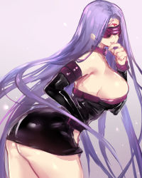 Rule 34 | 1girl, absurdres, ass, bare shoulders, black dress, blindfold, breasts, covered eyes, cowboy shot, detached sleeves, dress, facial mark, fate/stay night, fate (series), forehead mark, gradient background, hair intakes, hand to own mouth, hand up, highres, huge breasts, leaning, leaning forward, long hair, medusa (fate), medusa (rider) (fate), microdress, negresco, no bra, purple hair, sideboob, smile, solo, straight hair, strapless, strapless dress, very long hair