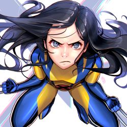 Rule 34 | 10s, 1girl, alcoholrang, animification, black hair, bodysuit, breasts, claws, frown, full body, gloves, grey eyes, long hair, marvel, parted bangs, serious, solo, x-23, x-men