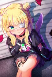 Rule 34 | 1girl, animal bag, backpack, bag, baram, black choker, black hoodie, blonde hair, candy, choker, closed mouth, commentary request, double bun, drawstring, eyepatch, feet out of frame, food, frilled hoodie, frills, hair bun, highres, holding, holding candy, holding food, holding lollipop, hood, hood down, hoodie, lollipop, long hair, long sleeves, looking at viewer, medical eyepatch, mononobe alice, nijisanji, safety pin, sitting, sleeves past wrists, smile, solo, virtual youtuber