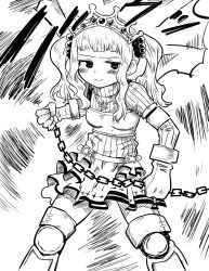 Rule 34 | 1girl, armor, armored boots, beads, belt, blunt bangs, blush, boots, breastplate, chain, closed mouth, crown, feet out of frame, fold-over gloves, frilled skirt, frills, futaba sana, gloves, greyscale, hair beads, hair ornament, hatching (texture), highres, holding, holding chain, jewelry, long sleeves, magia record: mahou shoujo madoka magica gaiden, magical girl, mahou shoujo madoka magica, medium hair, miniskirt, monochrome, necklace, ribbed sweater, sidelocks, skirt, smile, solo, sound effects, split mouth, sweater, thigh boots, turtleneck, turtleneck sweater, twintails, wavy hair, youichi82880400