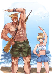 Rule 34 | 1boy, 1girl, :o, abs, armpits, bara, beach, blonde hair, camouflage, camouflage shorts, capcom, character request, dog tags, father and daughter, feet out of frame, flattop, guile, gun, gun on back, hand on own hip, highres, large pectorals, lifeguard, muscular, muscular male, navel, pectorals, short hair, shorts, street fighter, stretching, weapon, weapon on back, whistle, yuiofire