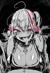 Rule 34 | 1girl, ahoge, bare shoulders, blush, breasts, cleavage, collar, facial tattoo, fangs, geist43195783, goddess of victory: nikke, greyscale, hair between eyes, heart, heart tattoo, highres, jackal (nikke), jacket, large breasts, long hair, long tongue, monochrome, multicolored hair, open clothes, open jacket, pink eyes, pink hair, pink ribbon, ribbon, saliva, side ponytail, sidelocks, solo, spiked collar, spikes, sports bra, spot color, streaked hair, sweat, tattoo, tongue, tongue out