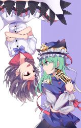 Rule 34 | 2girls, asymmetrical hair, black hair, blouse, blue neckwear, blue ribbon, buttons, cowboy shot, dress, green eyes, green hair, hat, kijin seija, long sleeves, looking at another, looking to the side, multicolored hair, multiple girls, nakukoroni, red eyes, red hair, ribbon, rod of remorse, rotational, rotational symmetry, shiki eiki, shirt, short hair, skirt, streaked hair, symmetry, tongue, tongue out, touhou, upside-down, vest, white shirt